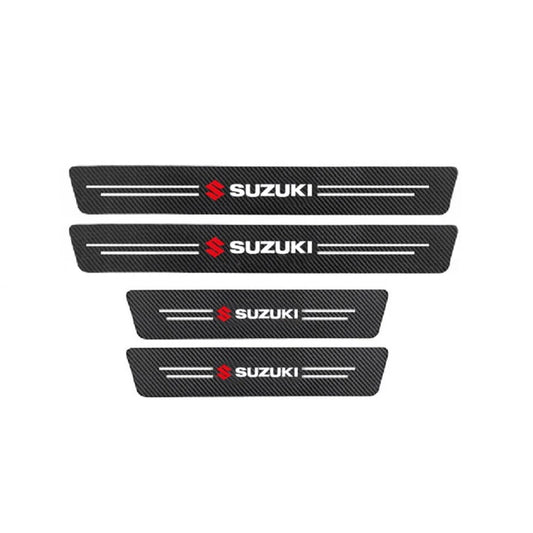 Set of four carbon fiber door sill guard stickers with SUZUKI logo