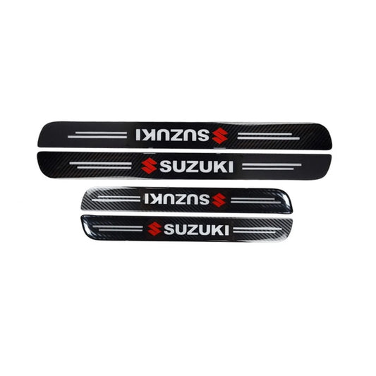 Set of two carbon fiber door sill scuff guards with SUZUKI logos in red