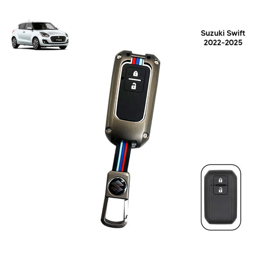 Metal key fob cover with black face, lock icons, and blue-red stripe accents
