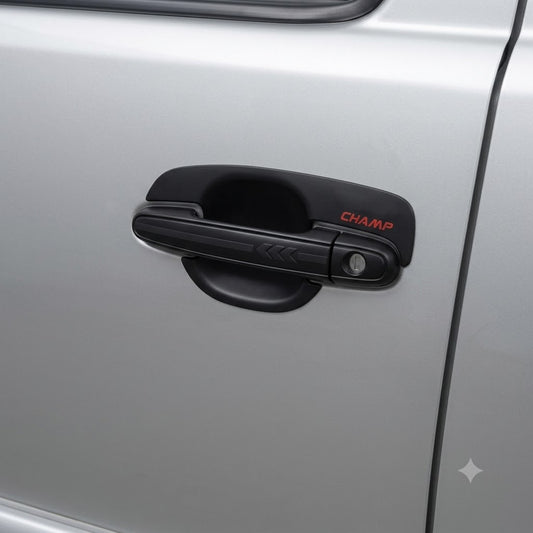 Black door handle cover with CHAMP logo on car door, round latch cover