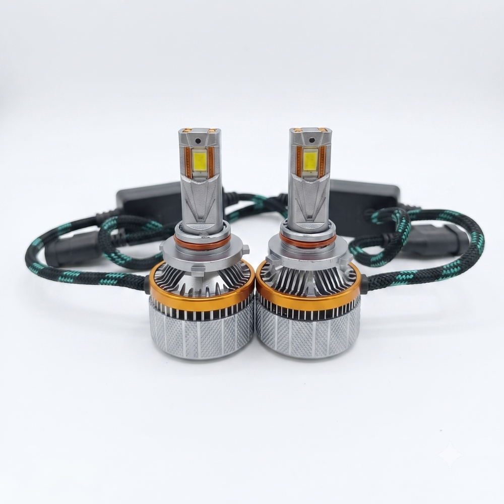 LED headlight bulb set with two metal caps, orange LED window, and braided wiring harness