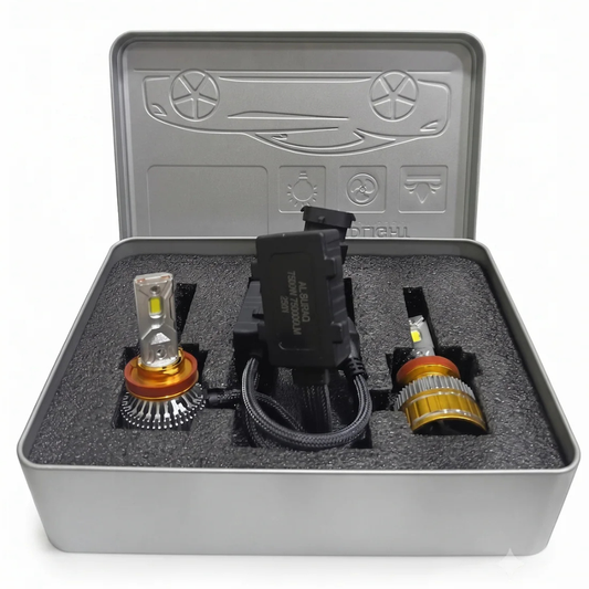 LED headlight bulb set with H11 base, gold ring heatsinks, and wiring in gray storage case