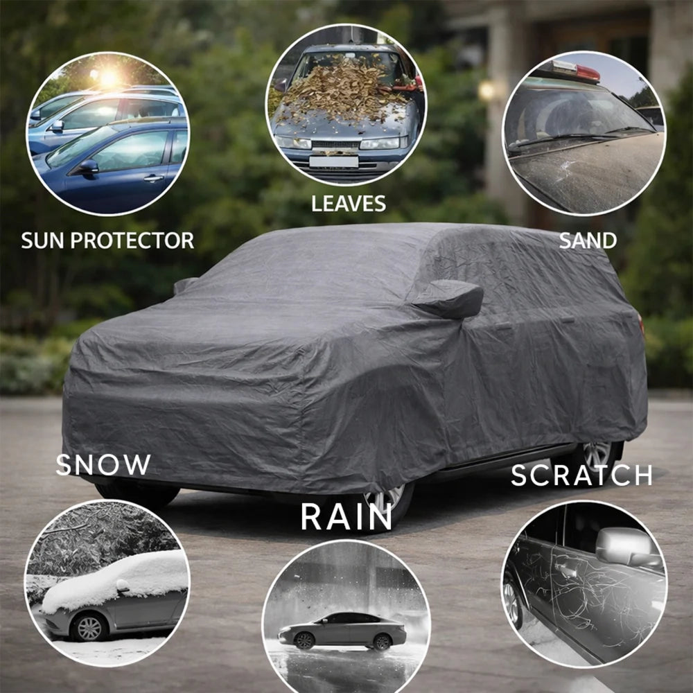 Gray car top cover shows rain, snow, scratch, and sand protection labels