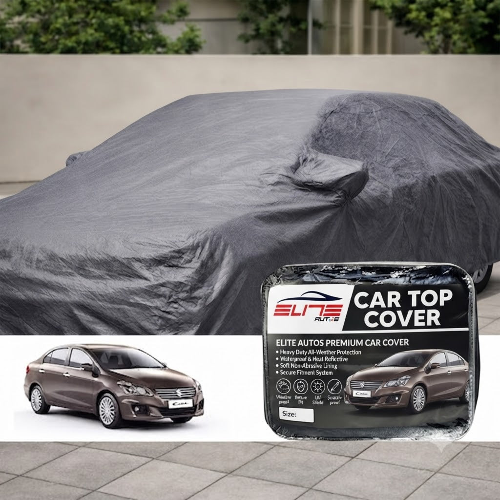 Gray non-woven car top cover with drawstring-style snug fit over vehicle