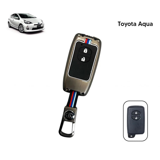 Metallic grey key fob case with black remote buttons, red-blue stripe and metal loop