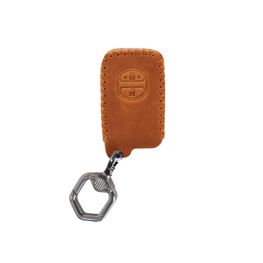 Brown leather key cover with embossed lock/unlock icons and metal key ring clip