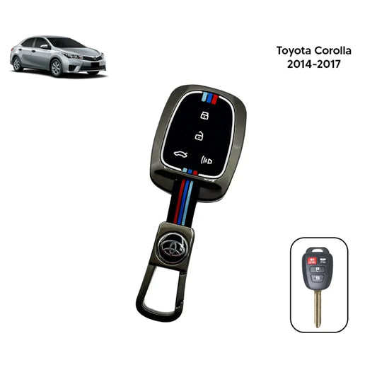 Black key fob cover with metallic blade and multicolor stripe band
