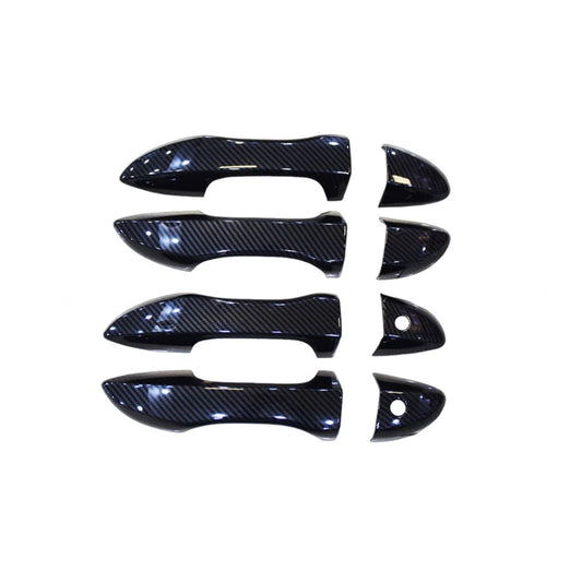 Set of carbon fiber door handle cover pieces, black with diagonal weave pattern