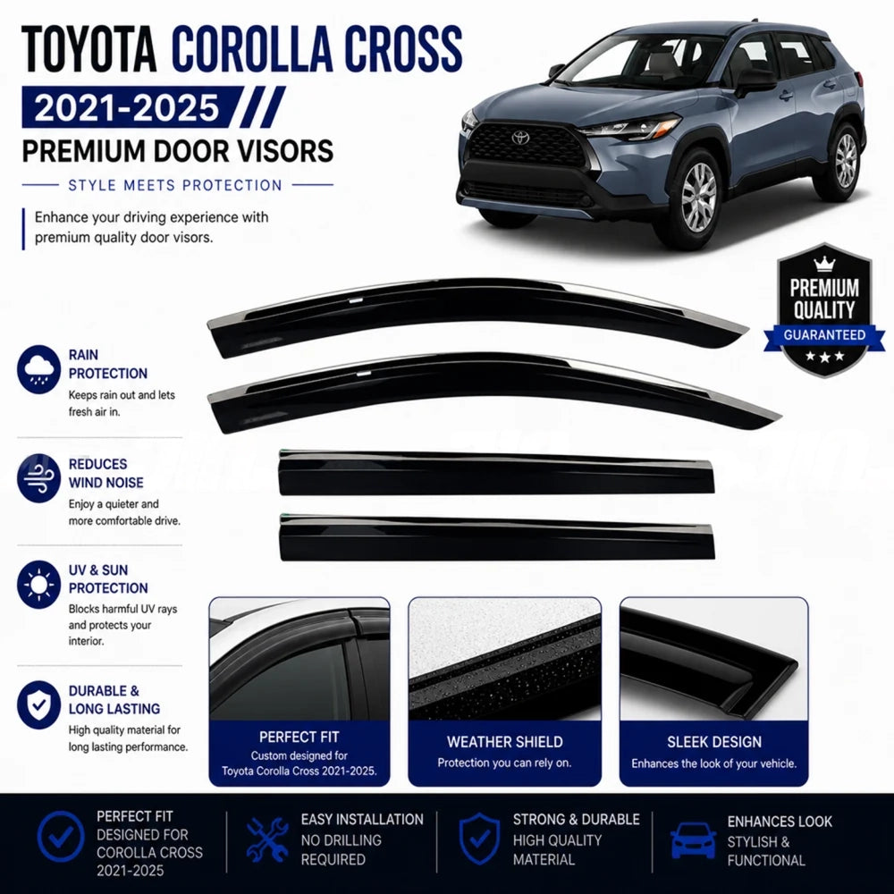 Set of black door visor deflectors with chrome trim strip for Corolla Cross