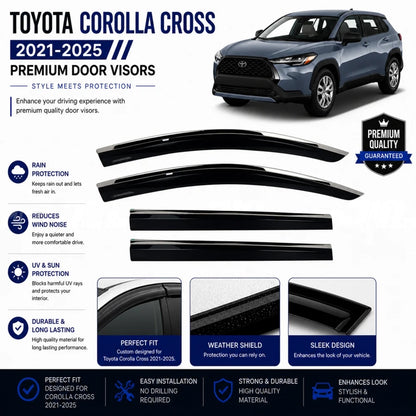 Set of black door visor deflectors with chrome trim strip for Corolla Cross