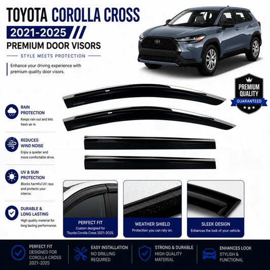 Set of black door visor deflectors with chrome trim strip for Corolla Cross