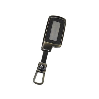 Metal key fob cover, dark gray with window and hook loop, Toyota logo badge
