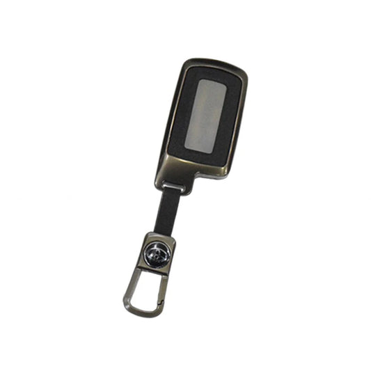 Metal key fob cover, dark gray with window and hook loop, Toyota logo badge