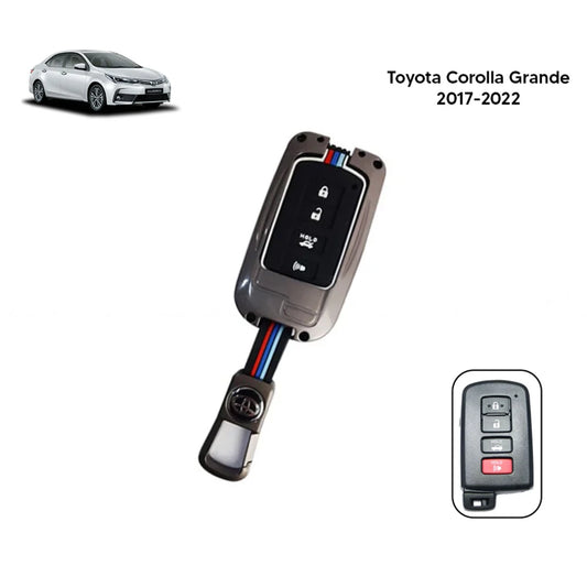 Metal key fob cover case with metallic grey shell and three-button remote layout