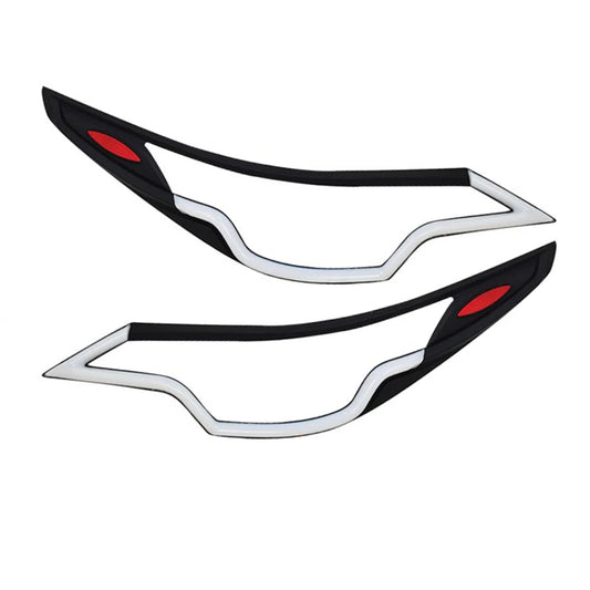 Black LED headlamp cover guard with white trim and red lens accents, ABS.