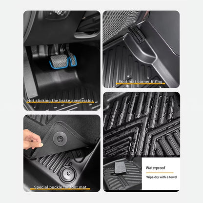 Black TPE floor mat features: corner fit, anti-slip texture, buckle strap, waterproof channels