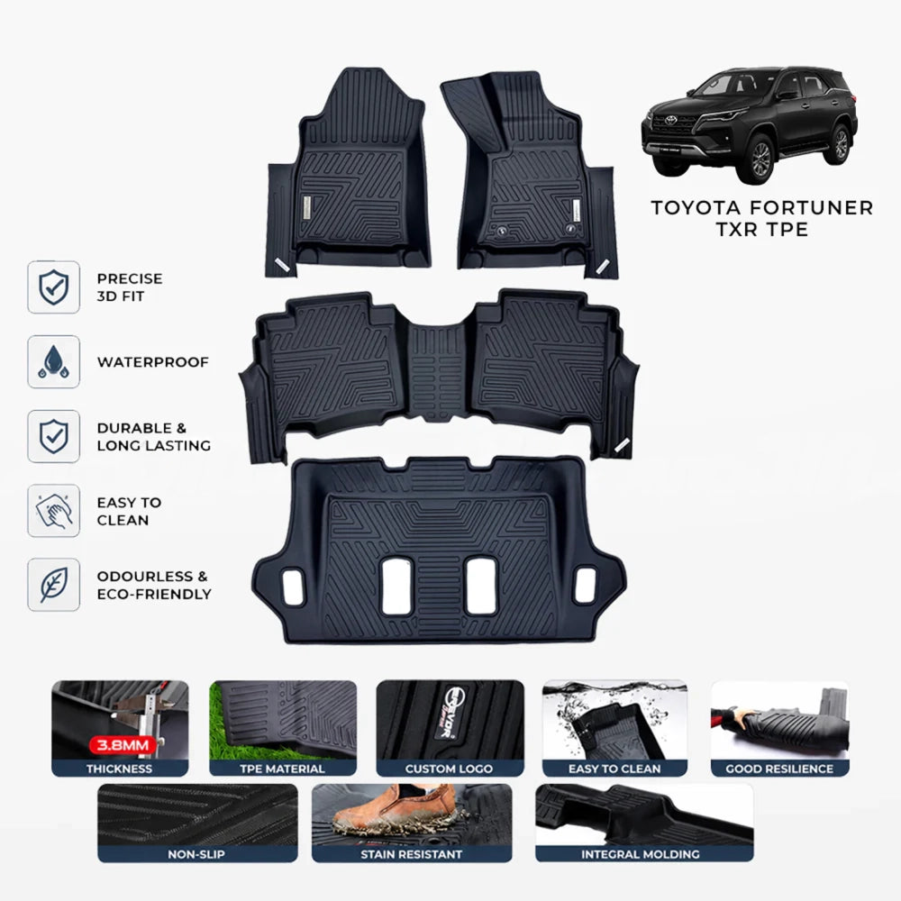 Set of dark TPE floor mats with raised grooves and custom cutouts for vehicle floor