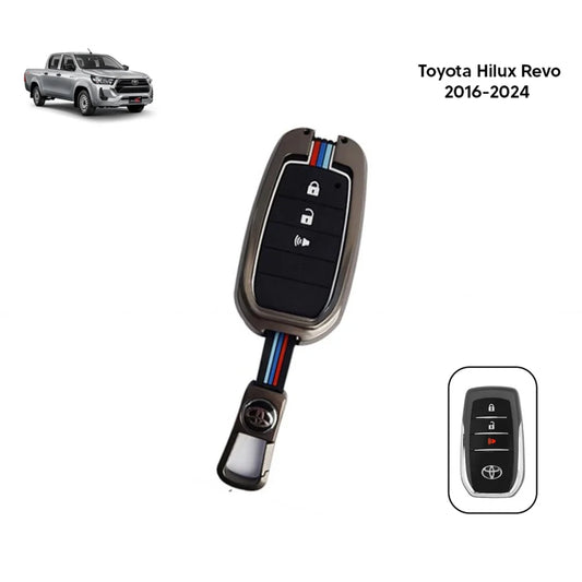 Metal key cover with black remote face and red, blue, and white stripe accents