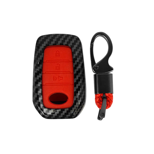 Red key fob cover with black carbon-fiber case and attached red leather keychain