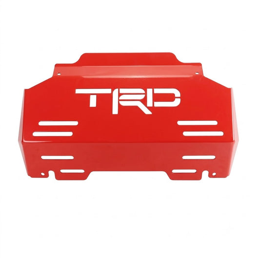 Red steel TRD front skid plate with vent slots and mounting holes