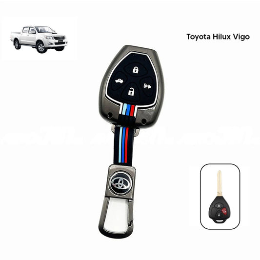 Metallic grey key cover for a remote key fob with three-button control panel