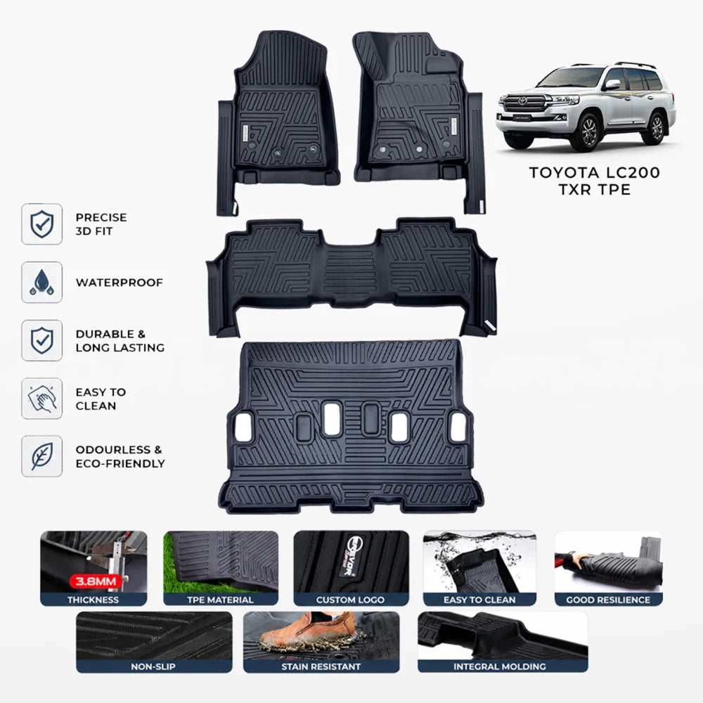 Set of black TPE floor mats with 3D fit contours and raised water-resistant pattern