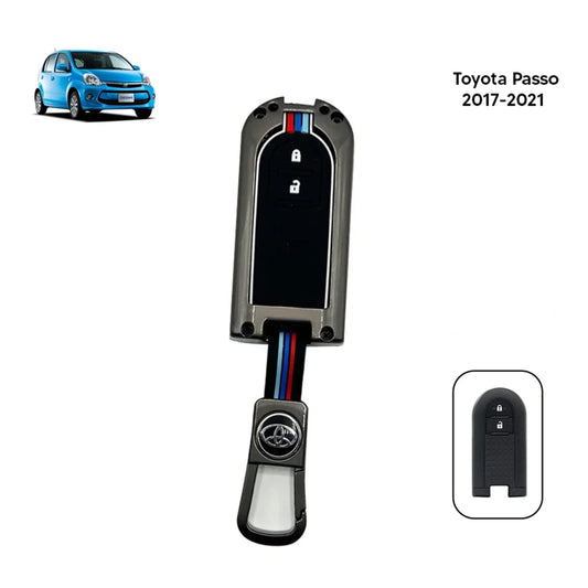 Black key fob metal case with colored stripe detail and lock/unlock button icons