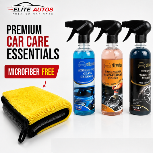 Car care combo kit with three spray bottles and yellow microfiber cloth, 375 ml each