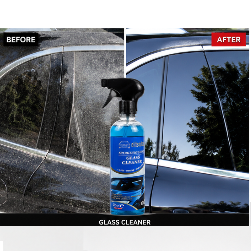 Blue glass cleaner bottle with black spray trigger on car window glass surface