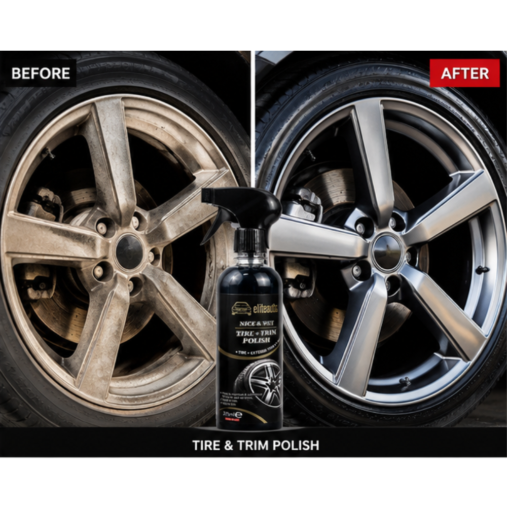 Tire and trim polish bottle with black spray trigger centered on car wheel