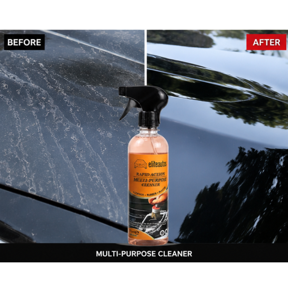 Amber multi-purpose cleaner bottle with black spray trigger on car exterior panel