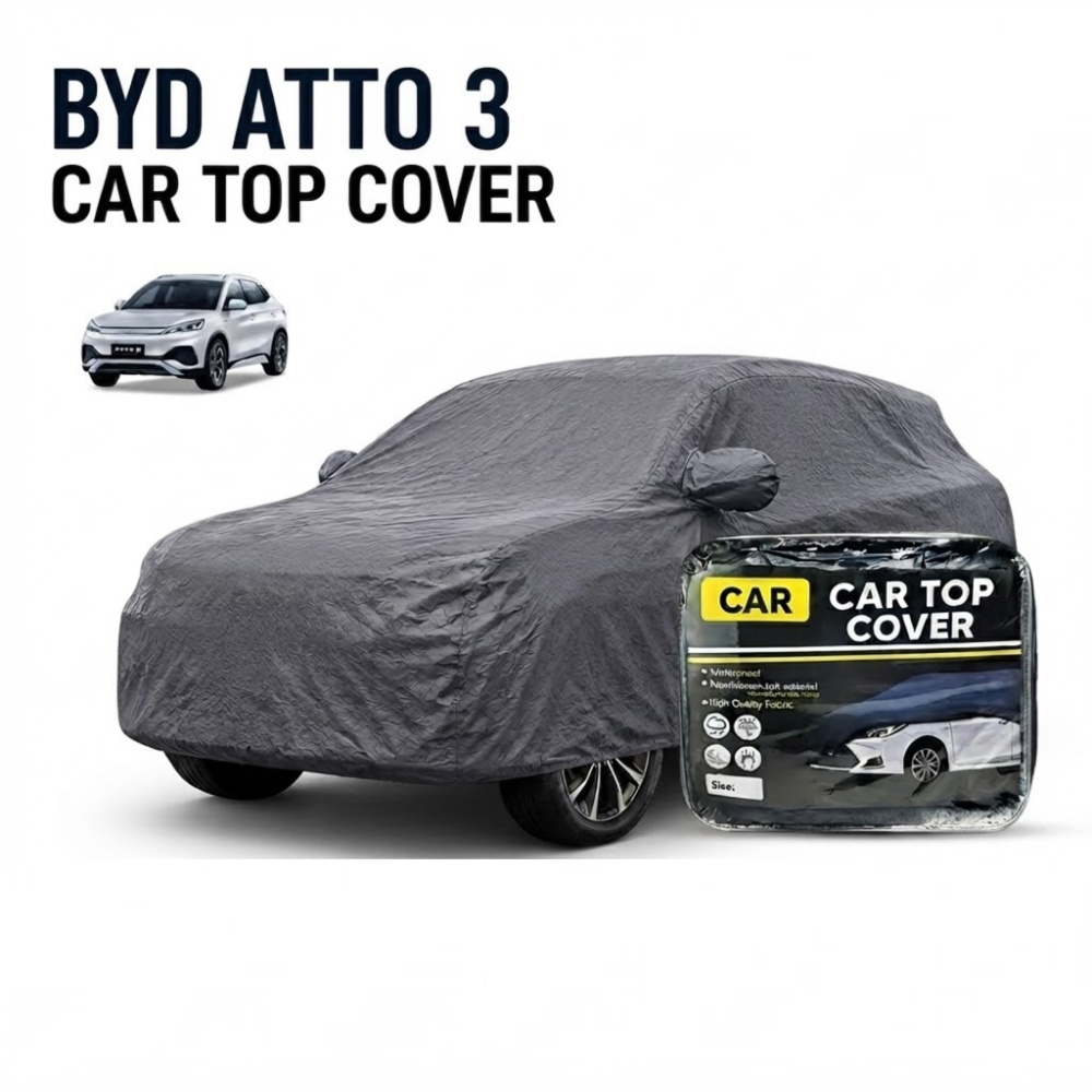 Gray non-woven waterproof car top cover for BYD Atto 3 with fitted hood shape