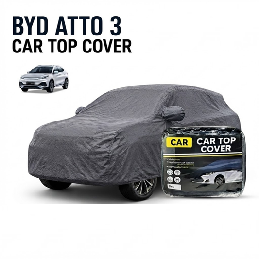 Gray non-woven waterproof car top cover for BYD Atto 3 with fitted hood shape