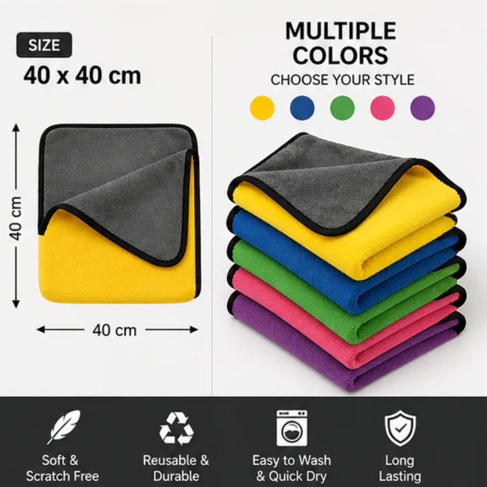 Microfiber towels, 40 x 40 cm, folded in multiple colors: yellow, blue, green, pink.