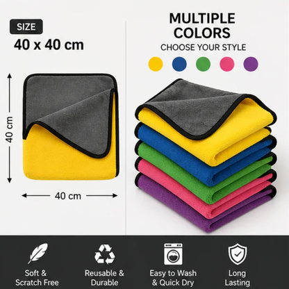 Microfiber towels 40x40 cm in multiple colors, folded with black trim, pack set