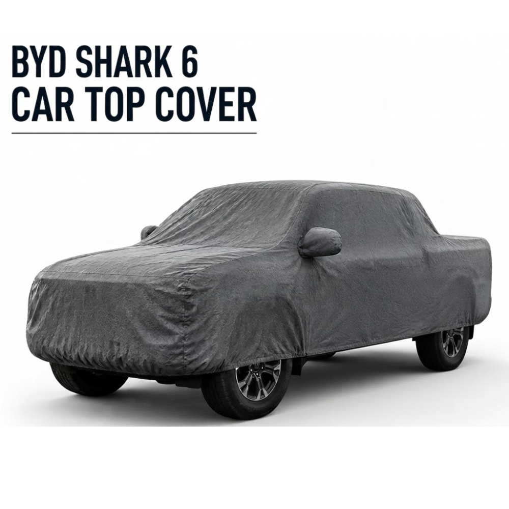 Waterproof gray non-woven car top cover, fitted over a vehicle roof
