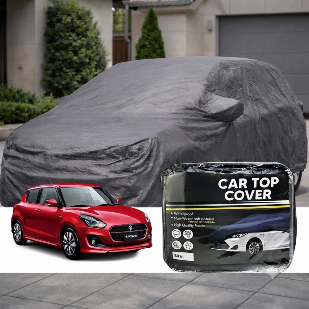 Gray non-woven waterproof car top cover, draped over a hatchback roof