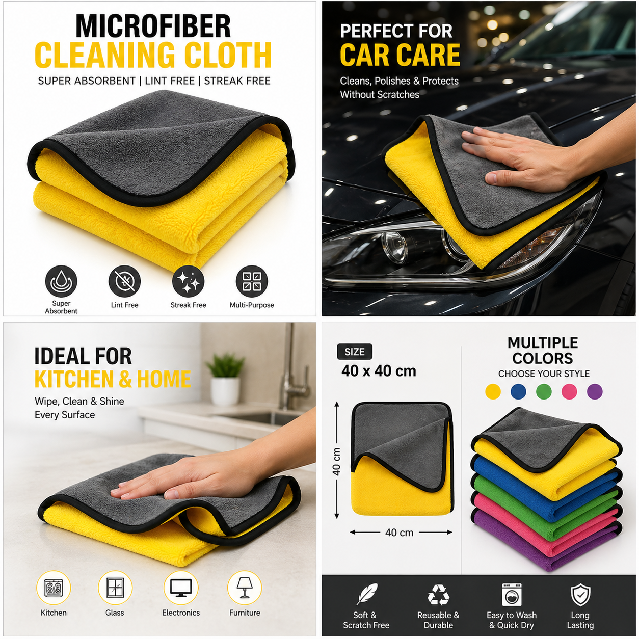Microfiber Cleaning Cloth - Super Absorbent Lint-Free Towel for Car, Bike, Kitchen & Home (Premium Quality)