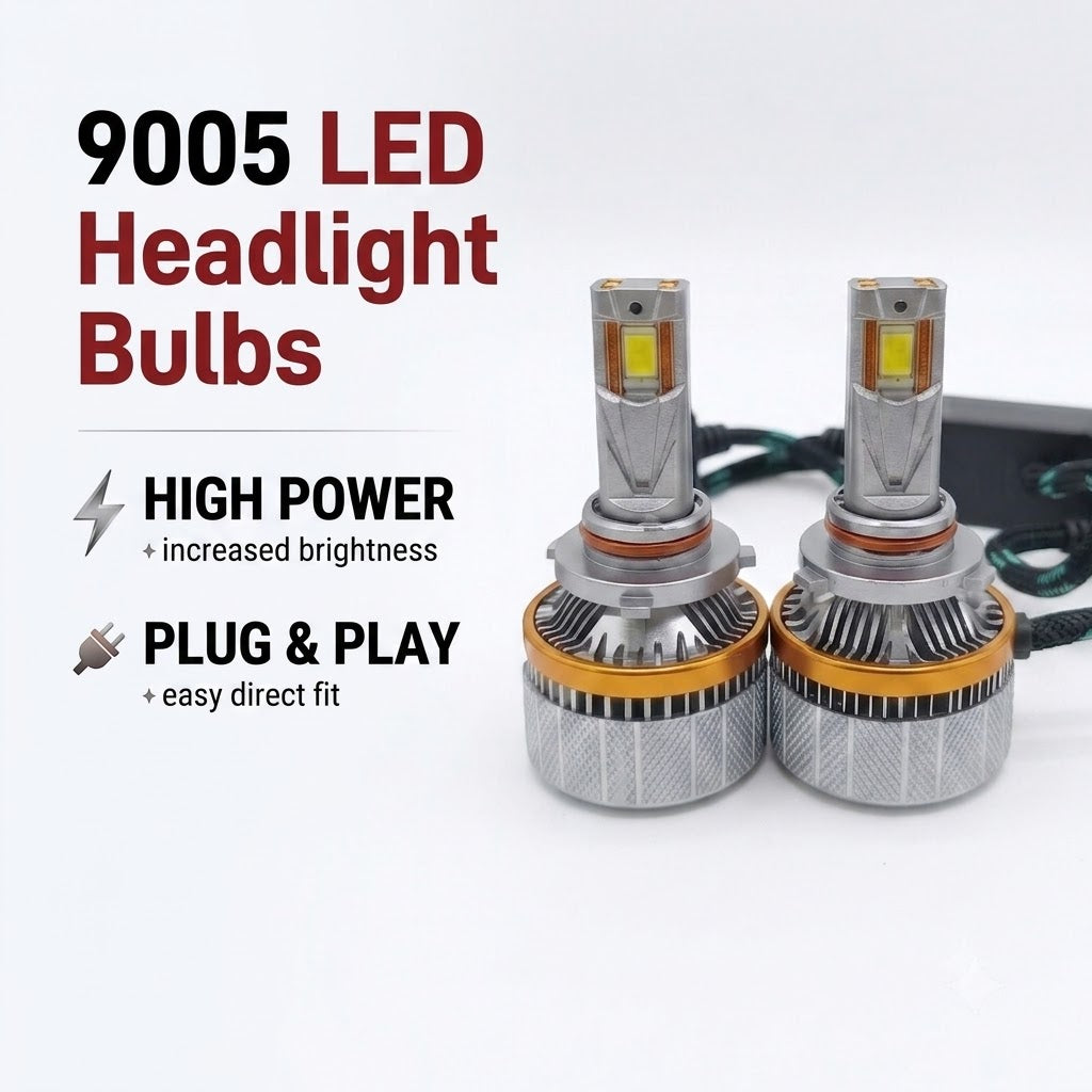 LED headlight bulb pair with metal heat-sink bases, orange LED cores, and plug wiring