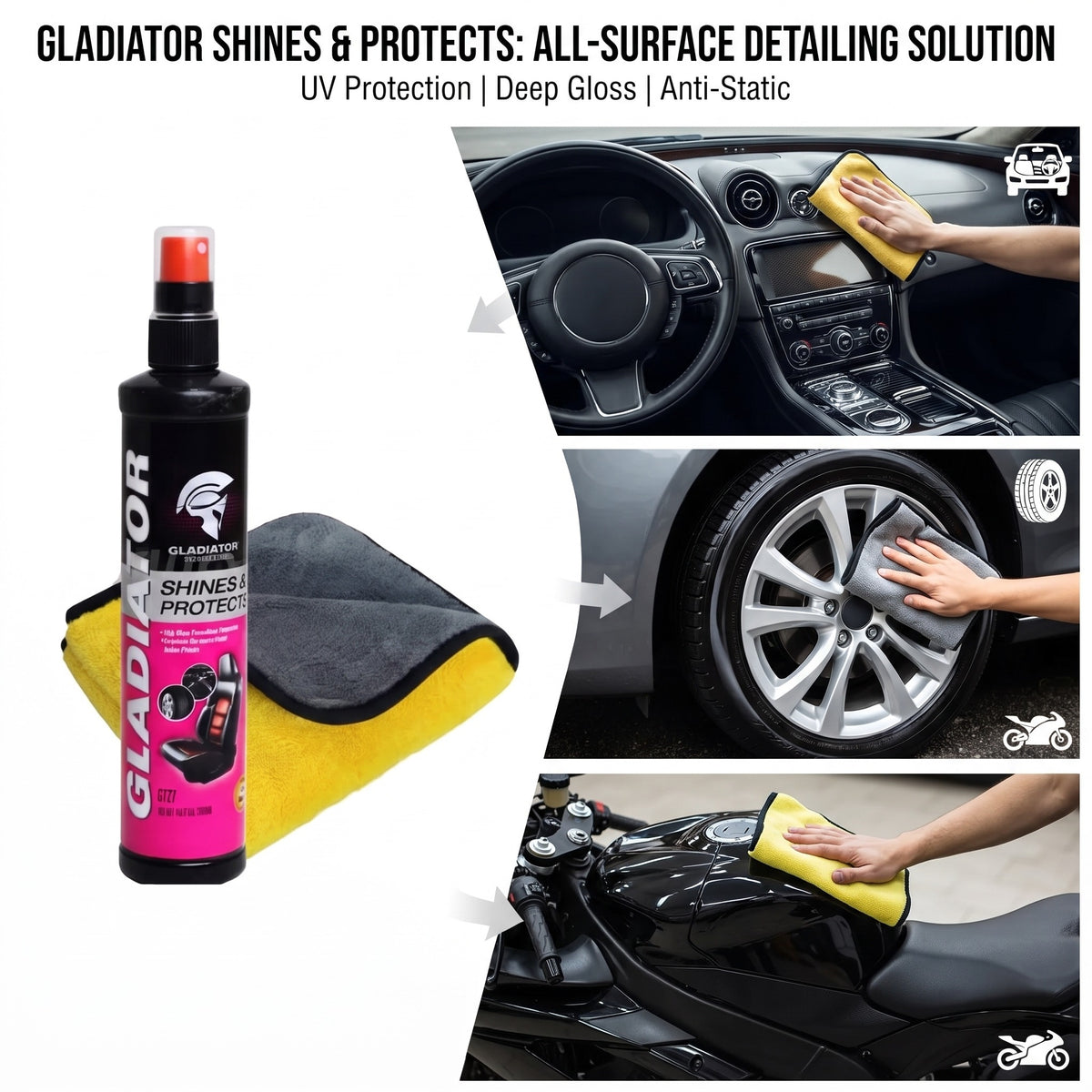 Gladiator Shines &amp; Protects — Multi-Surface Detailing Spray + Microfiber