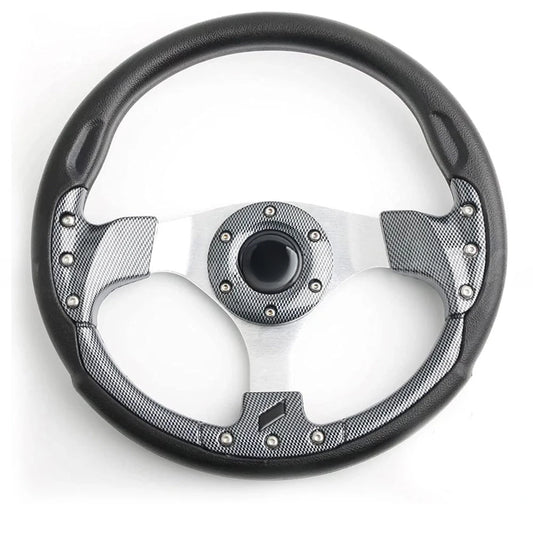 Universal steering wheel with black rim, carbon-look spokes, and center hub with emblem cutout