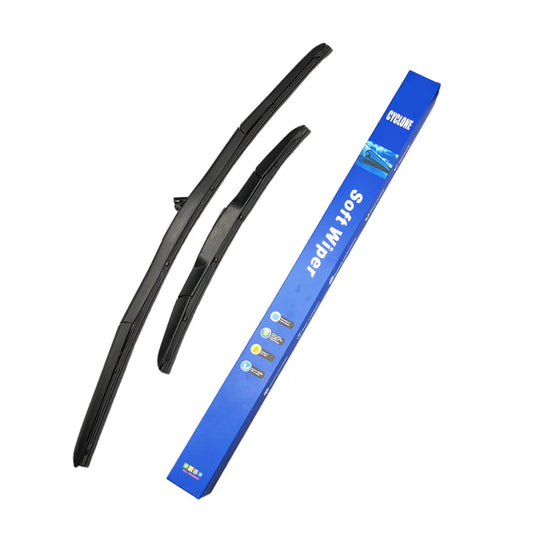 Two black wiper blades with blue Cyclone soft wiper blade package