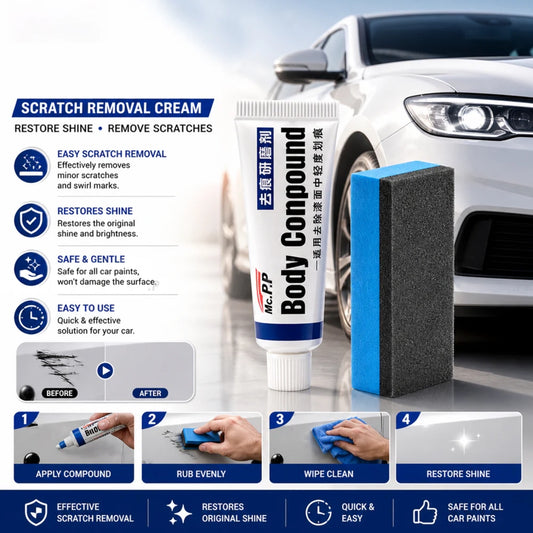 Scratch removal cream product image with tube, blue foam block, and car panel