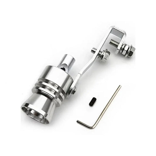 Chrome turbo whistle muffler with strap and bolt hardware, including L-shaped Allen key